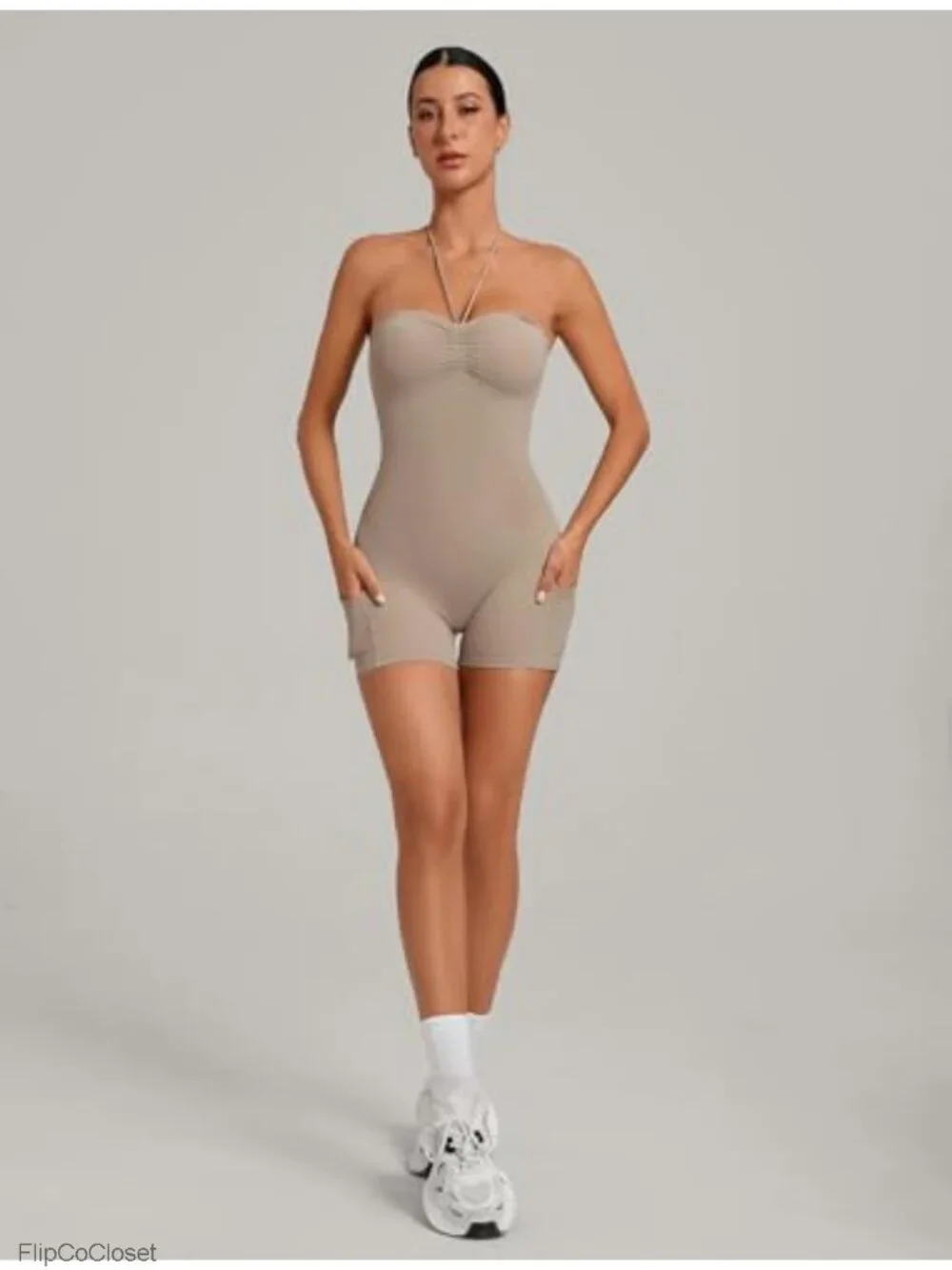 Womens Workout Romper with Pockets Adjustable Straps Backless Jumpsuit